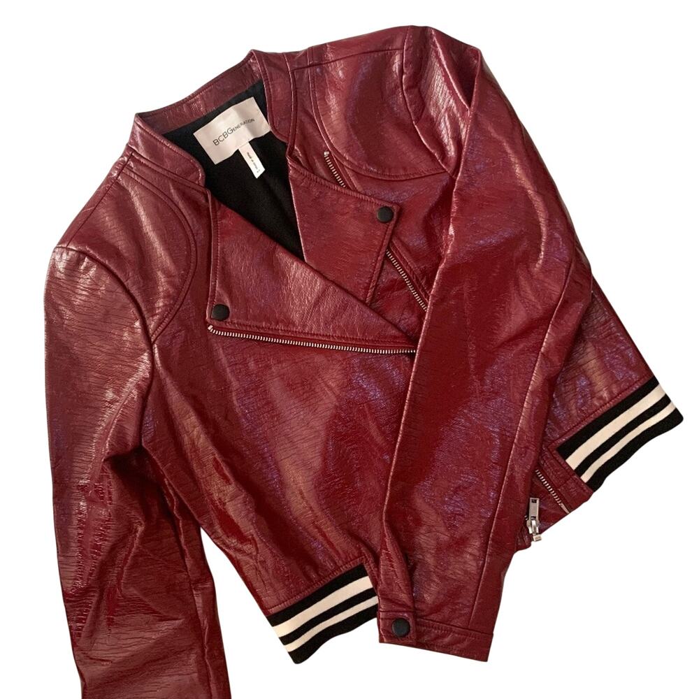 BCBGeneration Red Faux Leather Moto Jacket Size XS